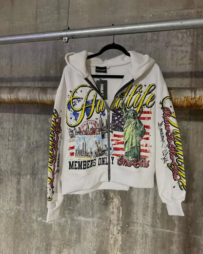 American Retro Letter Casual Loose Zipper Hoodie Men New Street Hip-hop Fashion Y2K Harajuku Oversized Sweatshirt Women