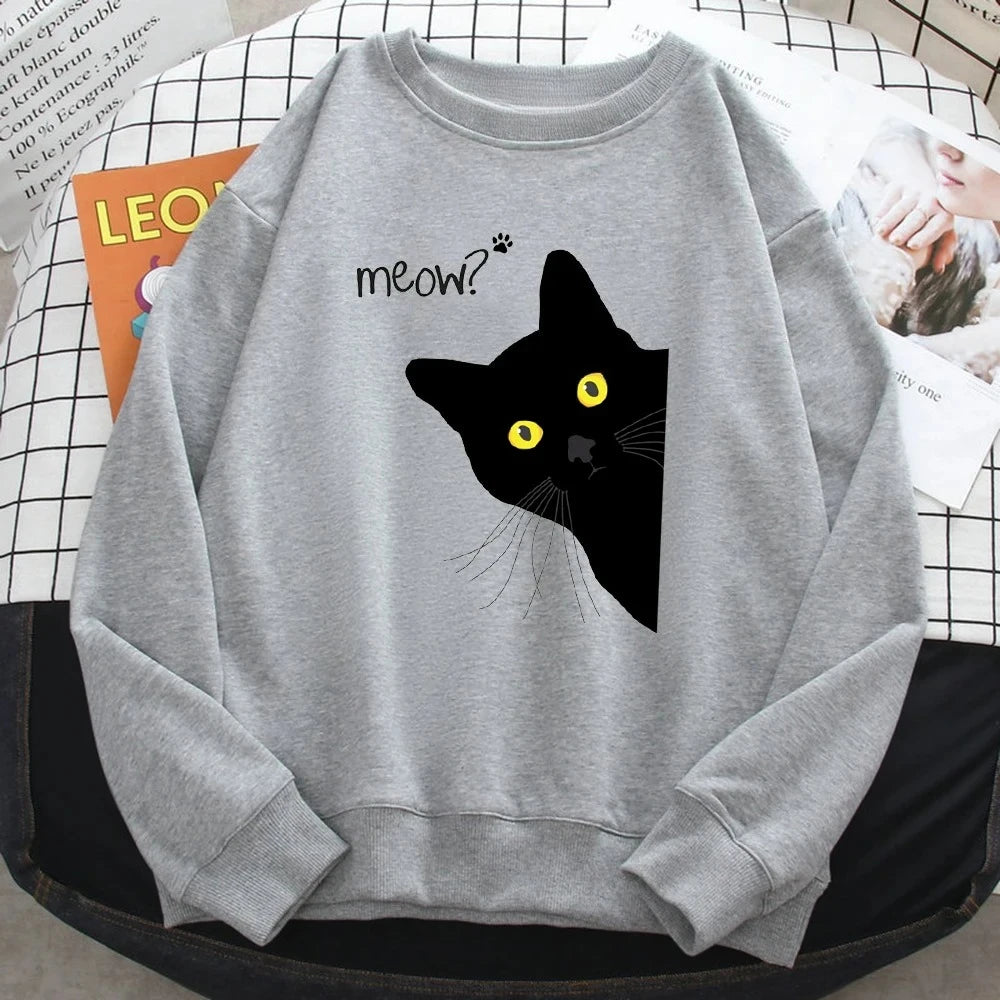 Winter Fall Harajuku Woman Sweatshirt Meow Black Cat Printing Hoodies Comfortable Pullover Crewneck Casual Female Clothes