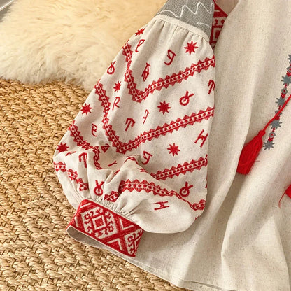 New Women's Bohemia Blouse Embroidered Autumn Spring O-neck Collar Bow Tie Lantern Sleeve Top Blusas Mujer Female Tops BL021