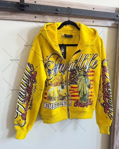 American Retro Letter Casual Loose Zipper Hoodie Men New Street Hip-hop Fashion Y2K Harajuku Oversized Sweatshirt Women
