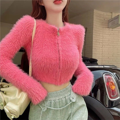 Y2K Knitted Plush Short Cardigan Sweaters Women 2025 Autumn Winter New Zipper Cardigan Female Vintage Trend Sexy Crop Tops