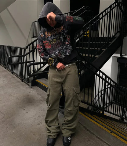 Y2k American Fashion Personality Versatile Anime Printed Zipper Hoodie Men Vintage Goth Dark Style Oversized Sweatshirt Women