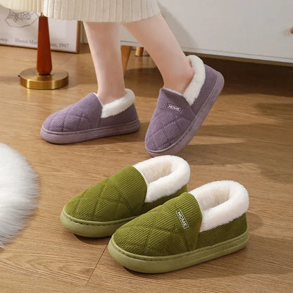 New Corduroy Cotton Slippers for Women Home Warm Shoes Soft Plush Anti-slip Couples Indoor Warm Non-slip Slides Footwear 2024