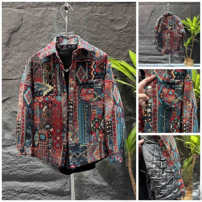 Famous Style Jacquard Casual Lapel Shirt Jacket for Men's Autumn New Versatile Loose Dovetail Warm Cotton Jacket