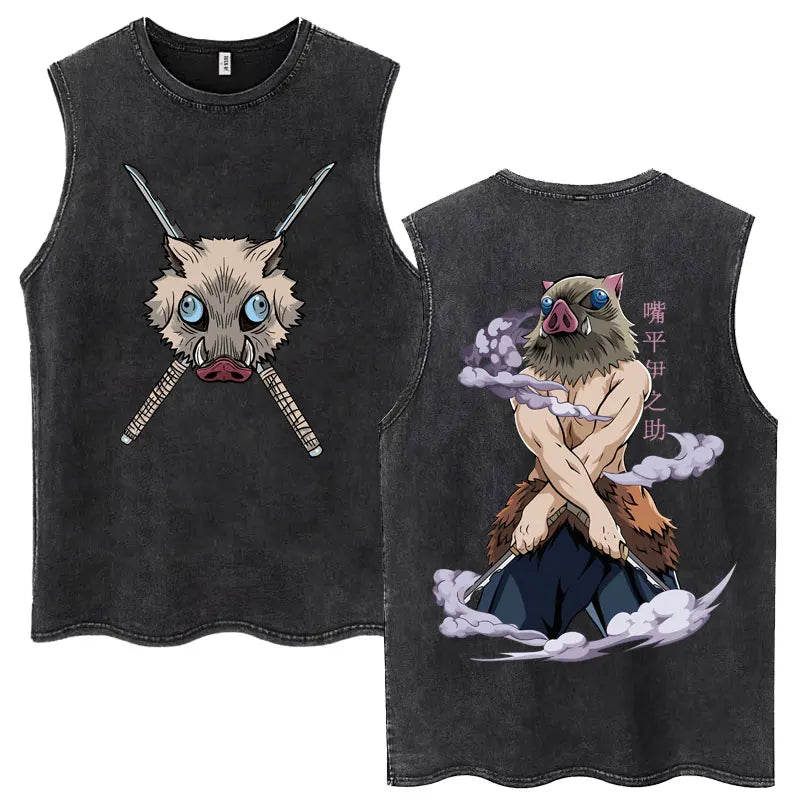 Japan Anime Demon Slayer Washed Tank Tops Hashibira Inosuke The Boar Face Manga T Shirt Men Women Loose Cotton Sleeveless Tshirt
