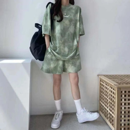 Streetwear Letter Two-piece Tracksuit Tie-dye Thin Short Sleeve T-shirt Shorts Ins Sports Summer Loose Suit Running