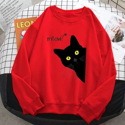 Winter Fall Harajuku Woman Sweatshirt Meow Black Cat Printing Hoodies Comfortable Pullover Crewneck Casual Female Clothes