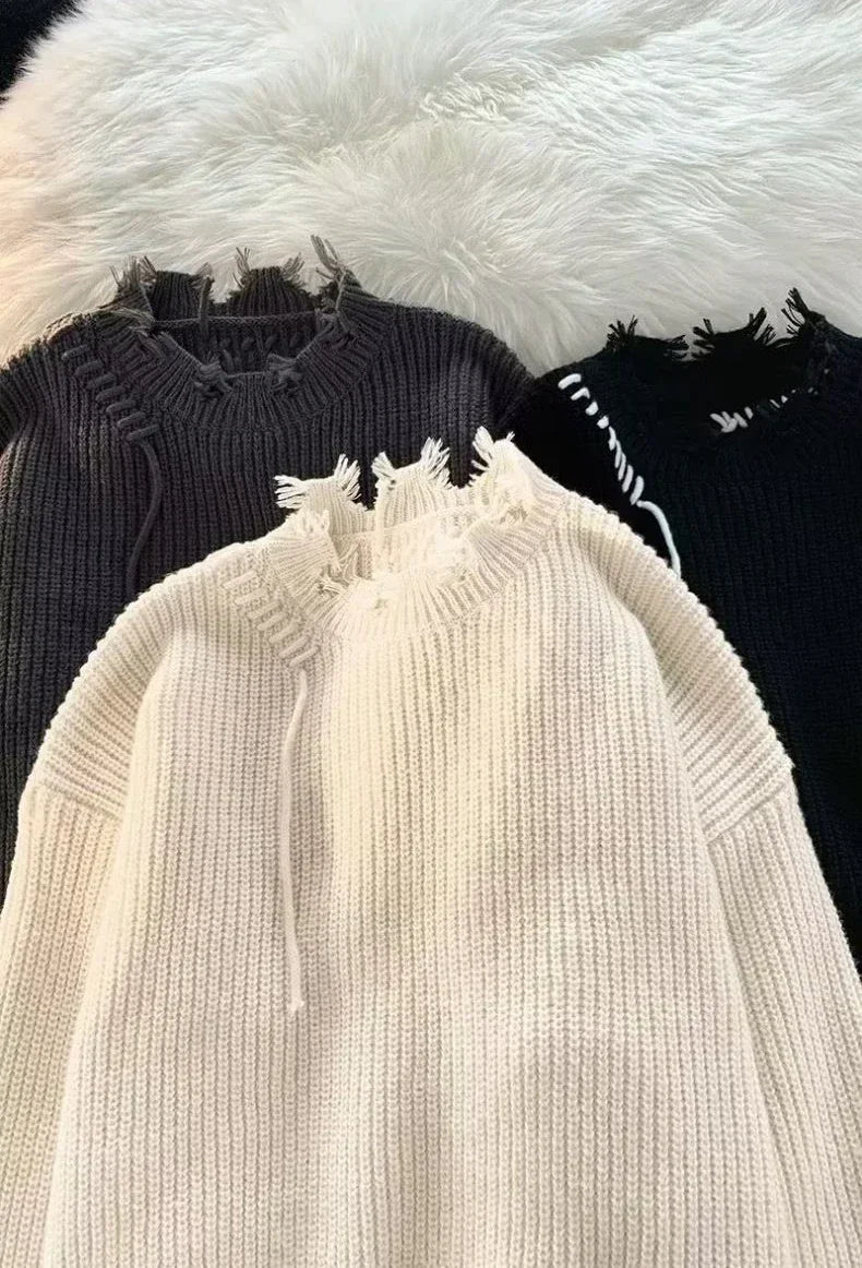 Men's Clothing Pullovers Beige Knit Sweater Male Torn with Holes Solid Color Patchwork Plain Loose Fit Korean Autumn Clothes X A