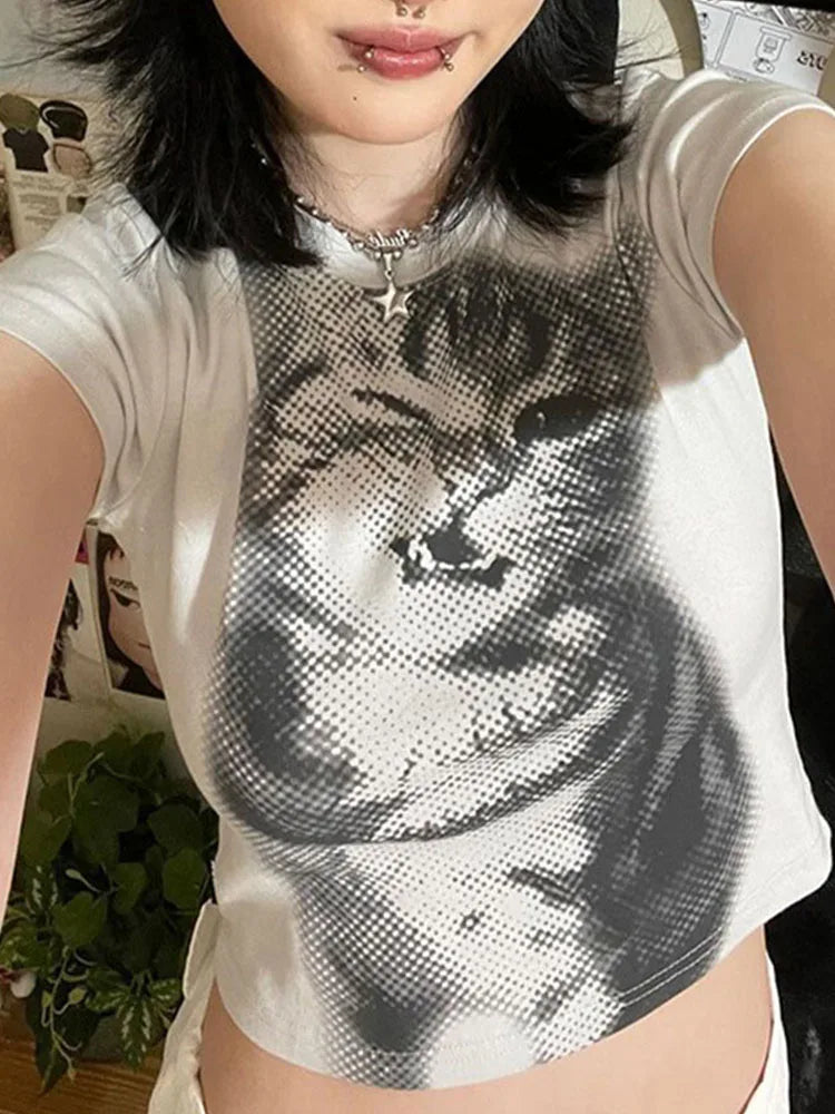 wild cat print low pixel round neck short sleeved T-shirt retro versatile slimming short top