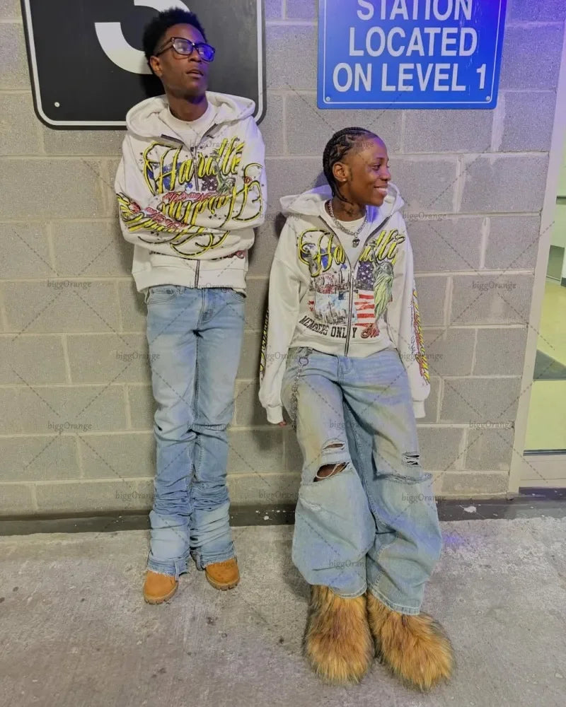 American Retro Letter Casual Loose Zipper Hoodie Men New Street Hip-hop Fashion Y2K Harajuku Oversized Sweatshirt Women