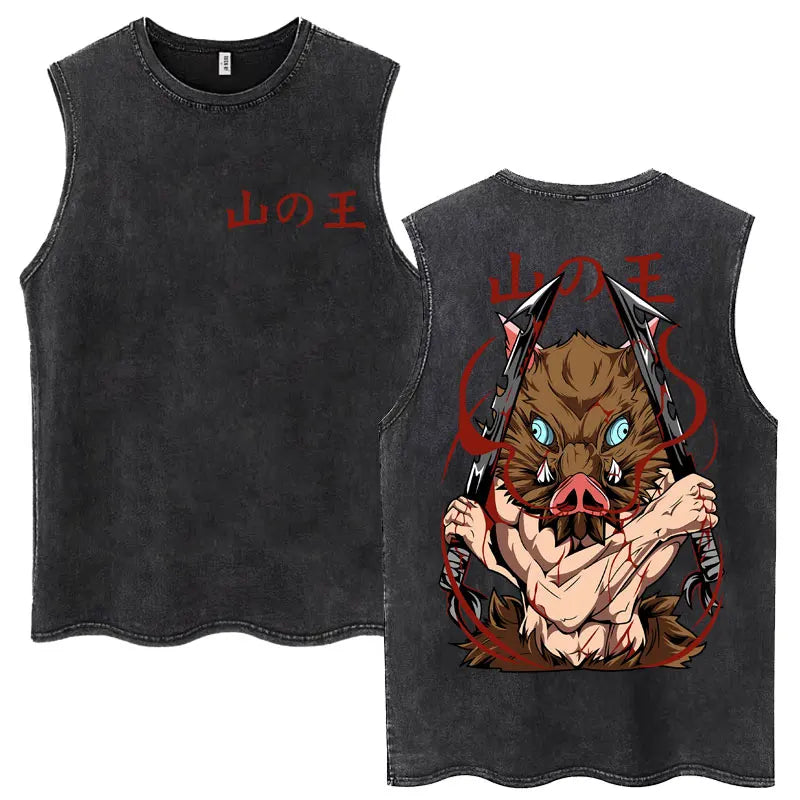 Japan Anime Demon Slayer Washed Tank Tops Hashibira Inosuke The Boar Face Manga T Shirt Men Women Loose Cotton Sleeveless Tshirt