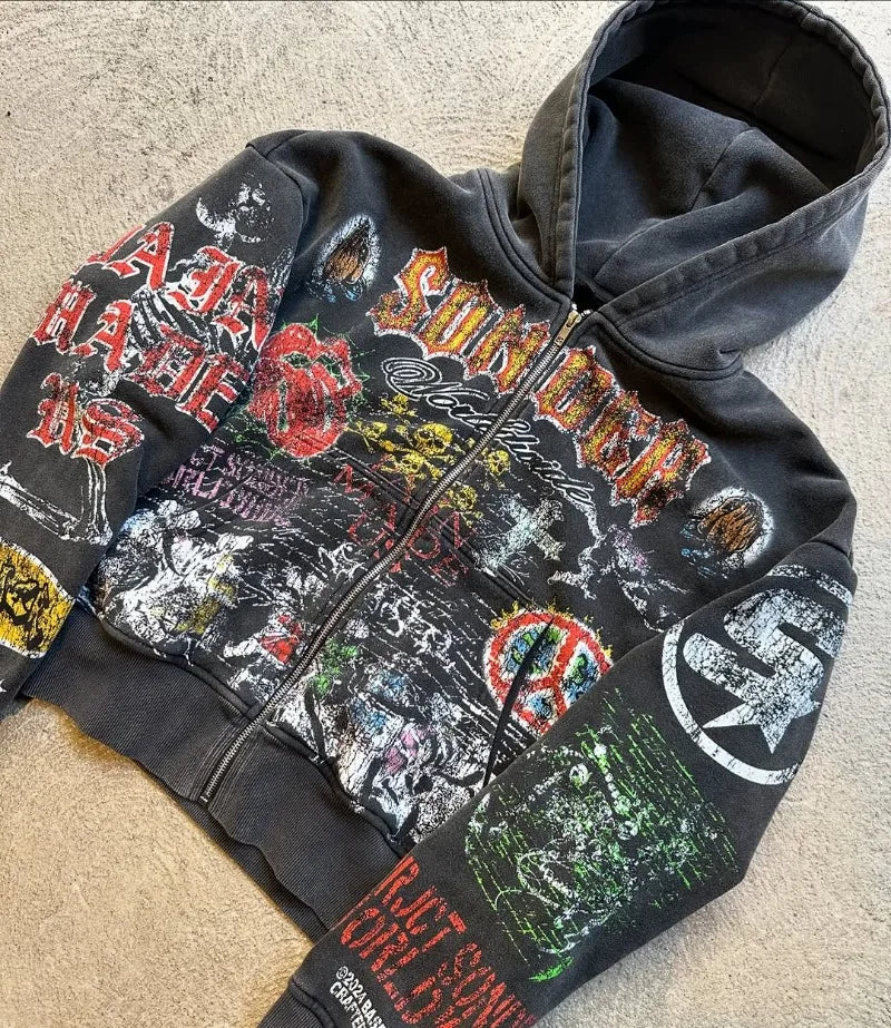 Y2k American Fashion Personality Versatile Anime Printed Zipper Hoodie Men Vintage Goth Dark Style Oversized Sweatshirt Women