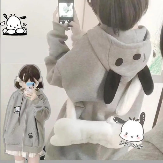 Anime Sanrioed Pochacco Cardigan Hoodie Thicken Ear Hooded Zip Jacket Kawaii Cotton Spring Autumn Sweet Loose Student Girls