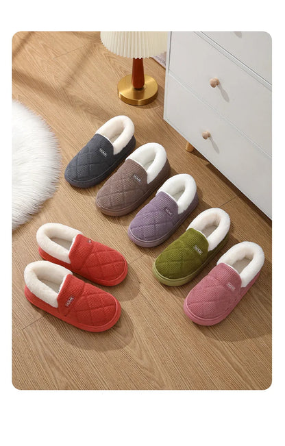 New Corduroy Cotton Slippers for Women Home Warm Shoes Soft Plush Anti-slip Couples Indoor Warm Non-slip Slides Footwear 2024