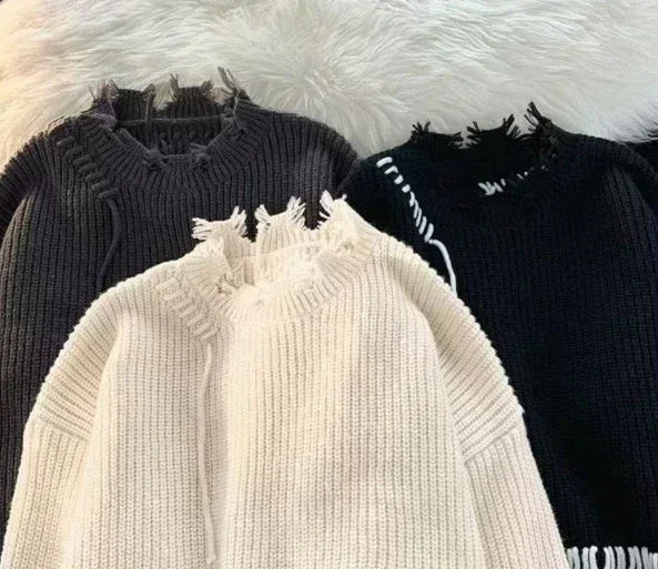 Men's Clothing Pullovers Beige Knit Sweater Male Torn with Holes Solid Color Patchwork Plain Loose Fit Korean Autumn Clothes X A