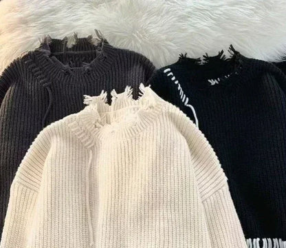 Men's Clothing Pullovers Beige Knit Sweater Male Torn with Holes Solid Color Patchwork Plain Loose Fit Korean Autumn Clothes X A