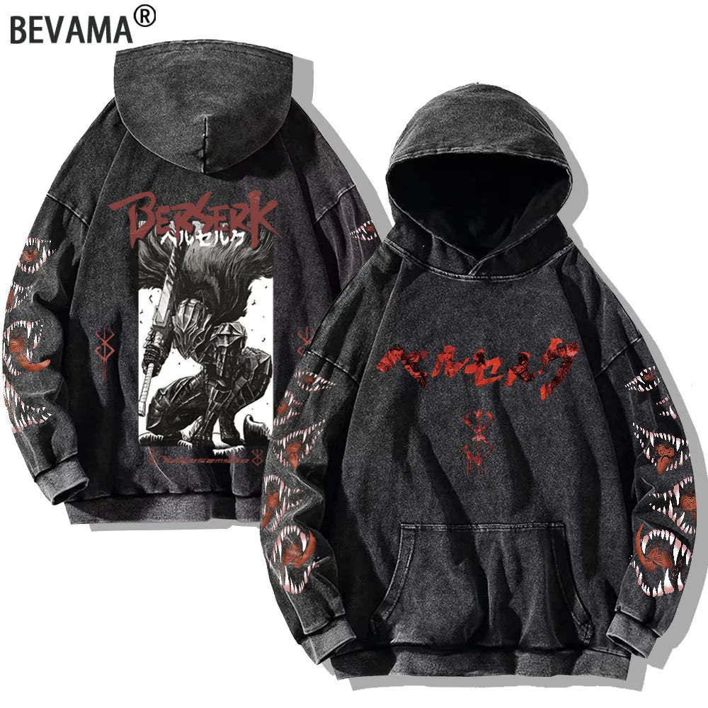 Berserk Printed Washed Hoodies Gothic Vintage Cotton Hooded Sweatshirt Y2k Oversized Long Sleeve Pullover Men Women Retro Hoodie