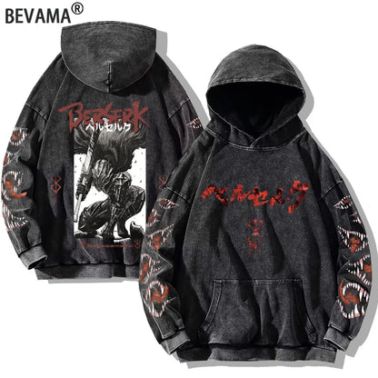Berserk Printed Washed Hoodies Gothic Vintage Cotton Hooded Sweatshirt Y2k Oversized Long Sleeve Pullover Men Women Retro Hoodie