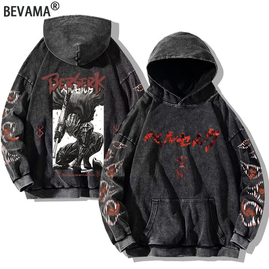 Berserk Printed Washed Hoodies Gothic Vintage Cotton Hooded Sweatshirt Y2k Oversized Long Sleeve Pullover Men Women Retro Hoodie