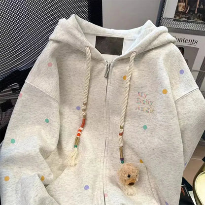 American retro color polka-dot embroidery hooded sweater women's autumn and winter loose design casual Joker cardigan coat