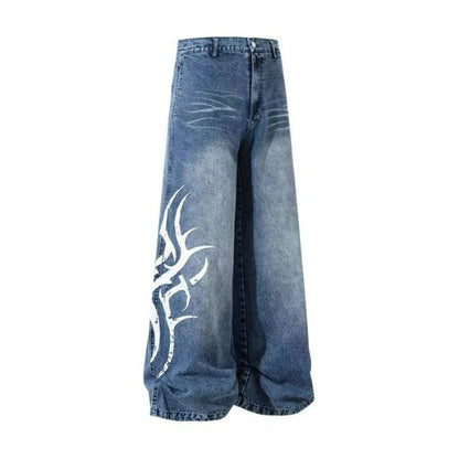 American Vintage Splicing High Street Jeans Autumn Woman Street Harajuku Hip Hop Baggy Jeans Printed Casual Wide-leg Denim Pant