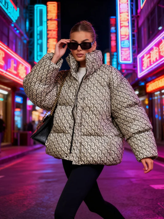 Oversized Printed Stand Collar Zipper Padded Jacket Women Elegant Long Sleeve Loose Autumn Winter Coats Fashion Ladies Outerwear