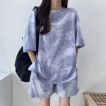 Streetwear Letter Two-piece Tracksuit Tie-dye Thin Short Sleeve T-shirt Shorts Ins Sports Summer Loose Suit Running