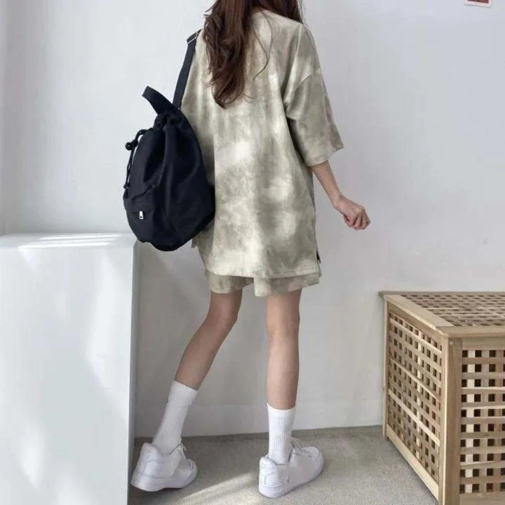 Streetwear Letter Two-piece Tracksuit Tie-dye Thin Short Sleeve T-shirt Shorts Ins Sports Summer Loose Suit Running
