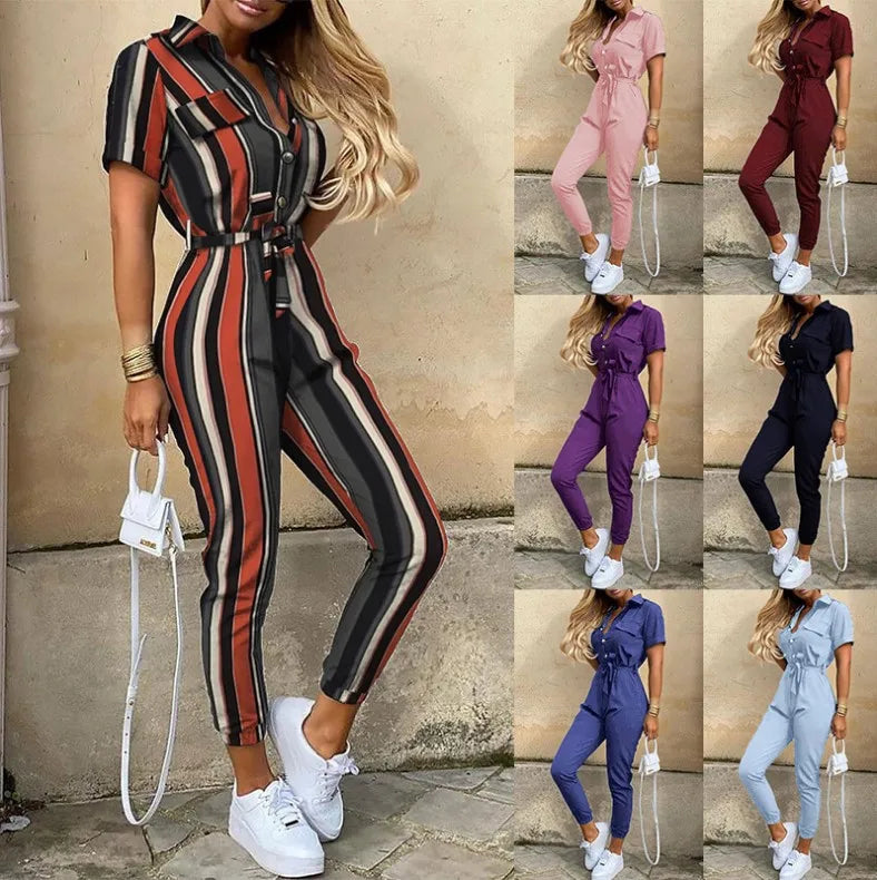 Summer Women's New Fashion Flip Collar Button Print Belt Lace Up Work Dress Casual Capris Jumpsuit Office