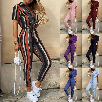 Summer Women's New Fashion Flip Collar Button Print Belt Lace Up Work Dress Casual Capris Jumpsuit Office