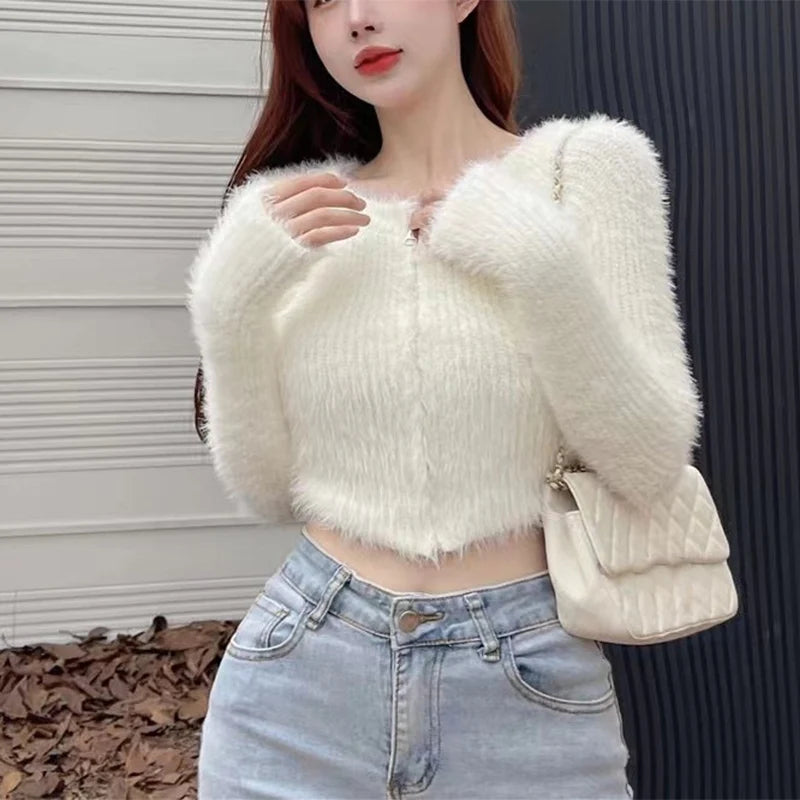 Y2K Knitted Plush Short Cardigan Sweaters Women 2025 Autumn Winter New Zipper Cardigan Female Vintage Trend Sexy Crop Tops