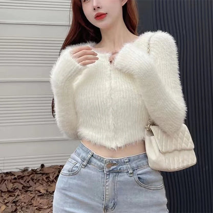 Y2K Knitted Plush Short Cardigan Sweaters Women 2025 Autumn Winter New Zipper Cardigan Female Vintage Trend Sexy Crop Tops