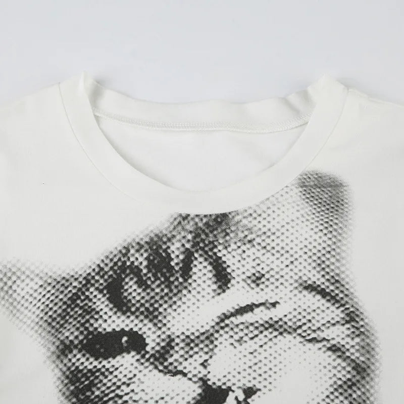wild cat print low pixel round neck short sleeved T-shirt retro versatile slimming short top