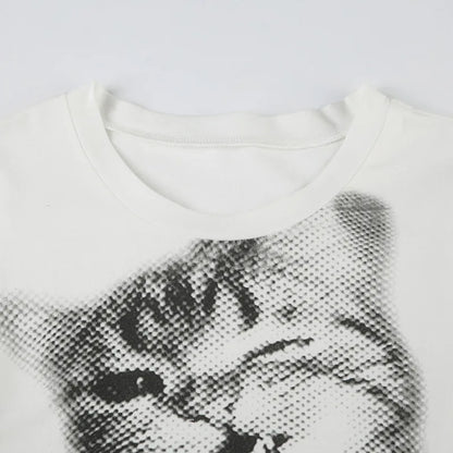 wild cat print low pixel round neck short sleeved T-shirt retro versatile slimming short top
