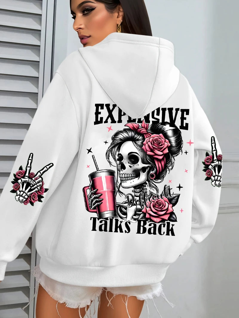 Expensive Talks Back Funny Printing Womens Hoodie Loose Multicolor Pullovers Fleece Autumn Sportswear Casual Pocket Hoody