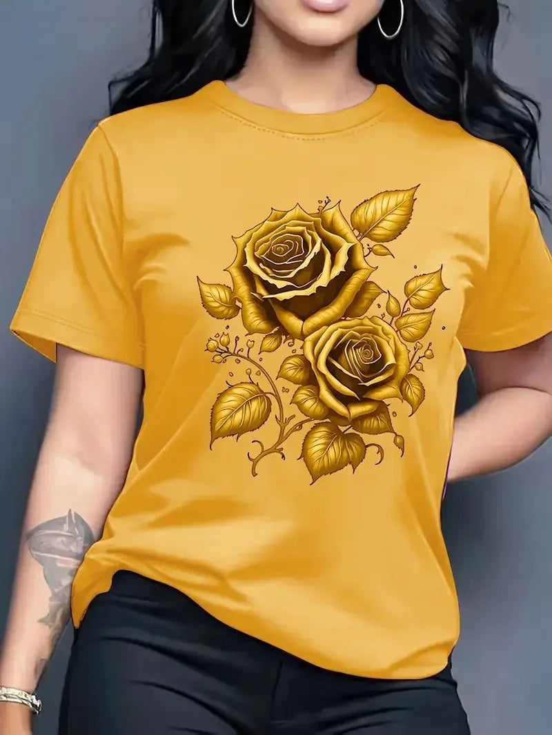 Women's Hot Selling Casual Round Neck Top, 3D Rose Pattern Short Sleeved T-shirt Elegant, Fast Breathable Outdoor Sports Shirt