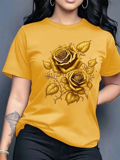 Women's Hot Selling Casual Round Neck Top, 3D Rose Pattern Short Sleeved T-shirt Elegant, Fast Breathable Outdoor Sports Shirt