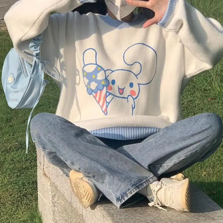 Anime Cinnamoroll Women Sweater Sanrio My Melody Kawaii Autumn Winter Preppy Student Girl Sweater Round Neck Tops Loose Sweet