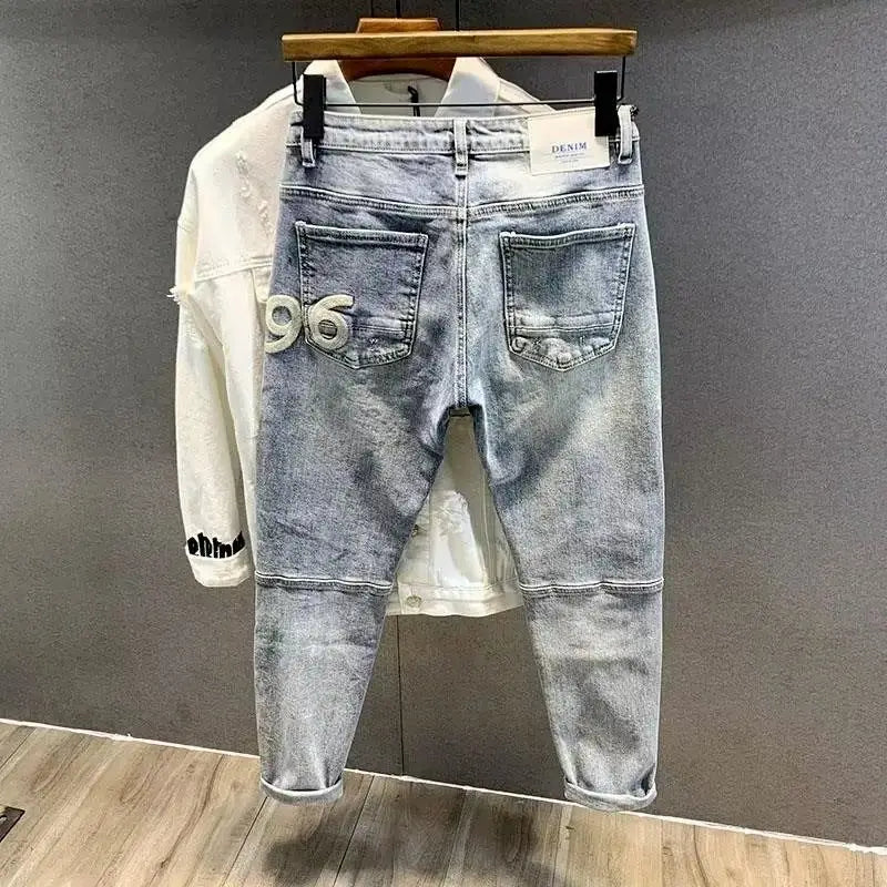 Men's Retro Jeans Casual Spring Autumn Slim Pencil Pants Vintage Distressed Motorcycle Stitching Embroidery Washed Skinny Jeans