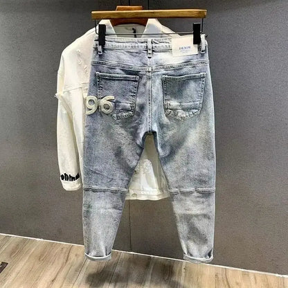 Men's Retro Jeans Casual Spring Autumn Slim Pencil Pants Vintage Distressed Motorcycle Stitching Embroidery Washed Skinny Jeans