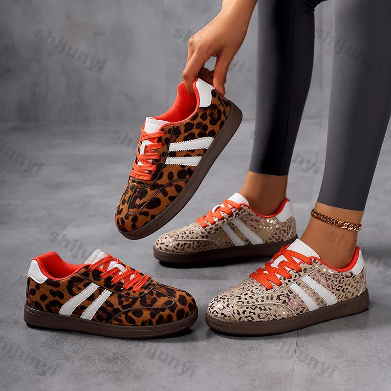 Sneakers Women 2025 New Fashion Outdoor Lace-up Leopard Casual Shoes Female Lightweight Comfortable Non Slip Flat Shoes
