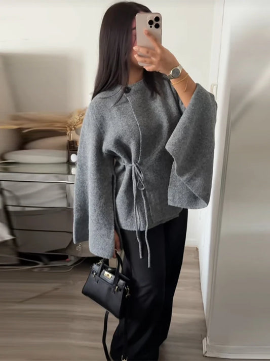 Elegant Woolen Knitted Cape Jacket For Women Long Sleeve Loose Casual Shawl Shawl Coat 2025 New Lady Autumn Winter Solid Outwear