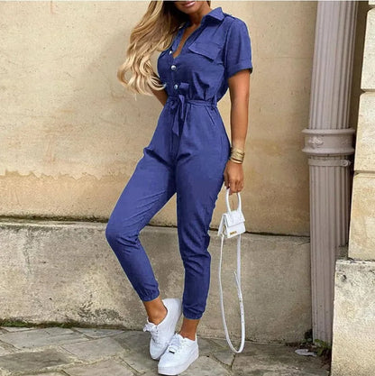 Summer Women's New Fashion Flip Collar Button Print Belt Lace Up Work Dress Casual Capris Jumpsuit Office