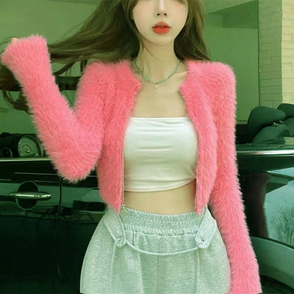 Y2K Knitted Plush Short Cardigan Sweaters Women 2025 Autumn Winter New Zipper Cardigan Female Vintage Trend Sexy Crop Tops