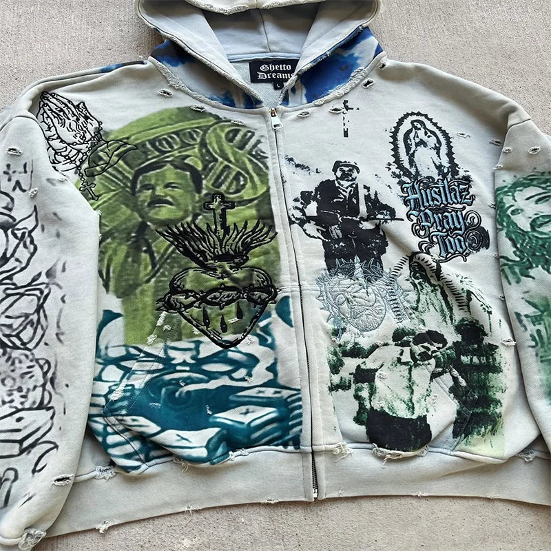 Y2K Fashion Retro Hoodie Oversized Abstract Graphic Printing Casual Distressed Zip Up Hoodie Men Women Hip Hop Trend Streetwear