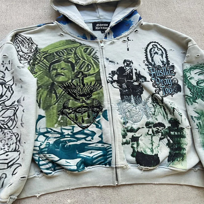 Y2K Fashion Retro Hoodie Oversized Abstract Graphic Printing Casual Distressed Zip Up Hoodie Men Women Hip Hop Trend Streetwear