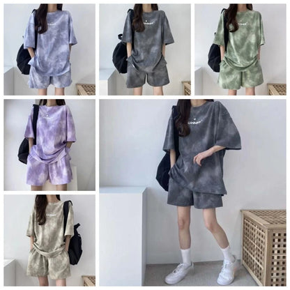 Streetwear Letter Two-piece Tracksuit Tie-dye Thin Short Sleeve T-shirt Shorts Ins Sports Summer Loose Suit Running