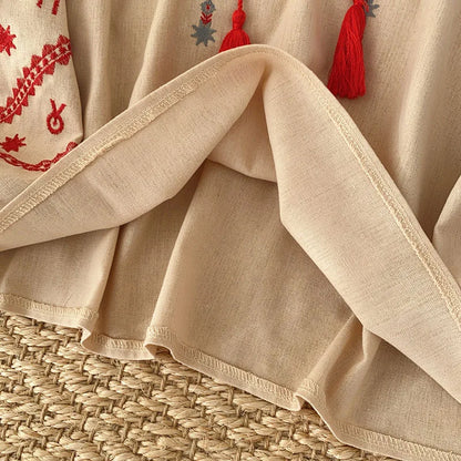 New Women's Bohemia Blouse Embroidered Autumn Spring O-neck Collar Bow Tie Lantern Sleeve Top Blusas Mujer Female Tops BL021