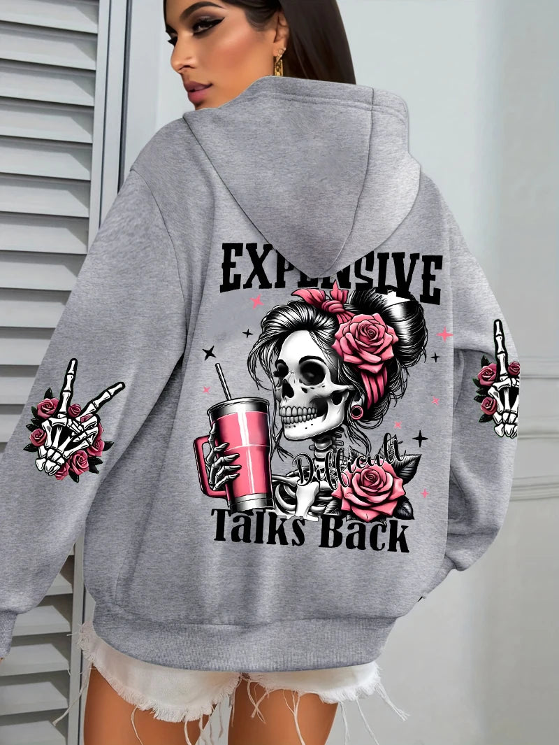 Expensive Talks Back Funny Printing Womens Hoodie Loose Multicolor Pullovers Fleece Autumn Sportswear Casual Pocket Hoody