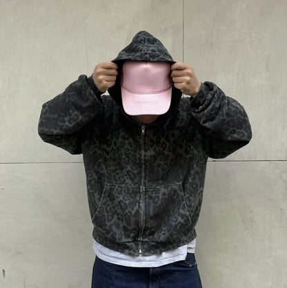 2025 Autumn/Winter European and American Warm Harajuku New Leopard Pattern Dark Design Fashion Zipper Hoodie